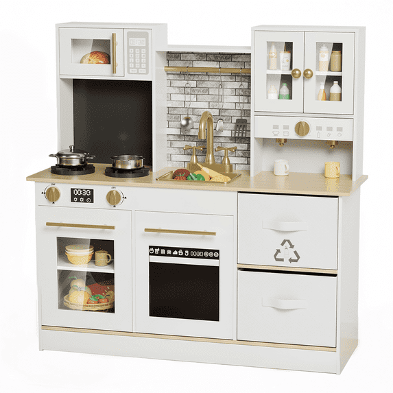 TLSUNNY Wooden Play Kitchen with Lights & Sounds, with Sink, 2 Fabric Boxes & 5PCS Cookware for Creative Toddler Fun, Gray