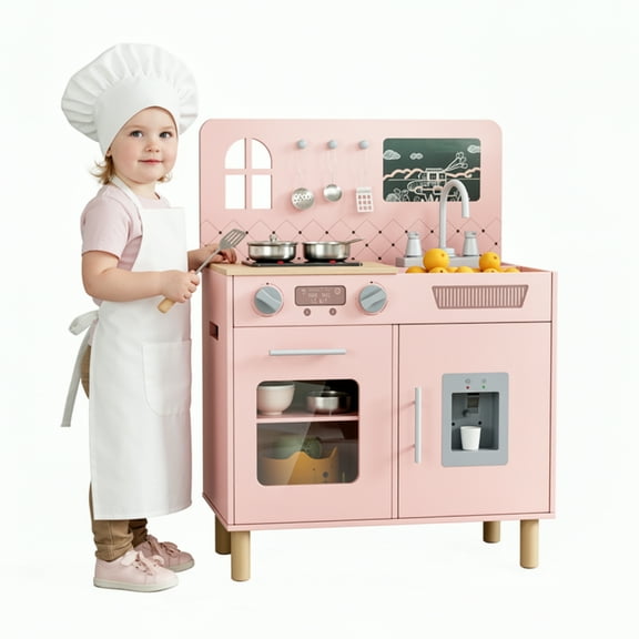 TLSUNNY Kids Wooden Play Kitchen with Real Lights & Sounds, Interactive Pretend Set with Sink, 6 Cookware & Chalkboard, Gift for Toddlers