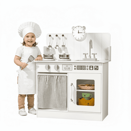 TLSUNNY Toddlers Wooden Play Kitchen, Pretend Kitchen Playset with Clicking Knobs, Sink, Oven & 5pcs Cookware,for Kids 3+