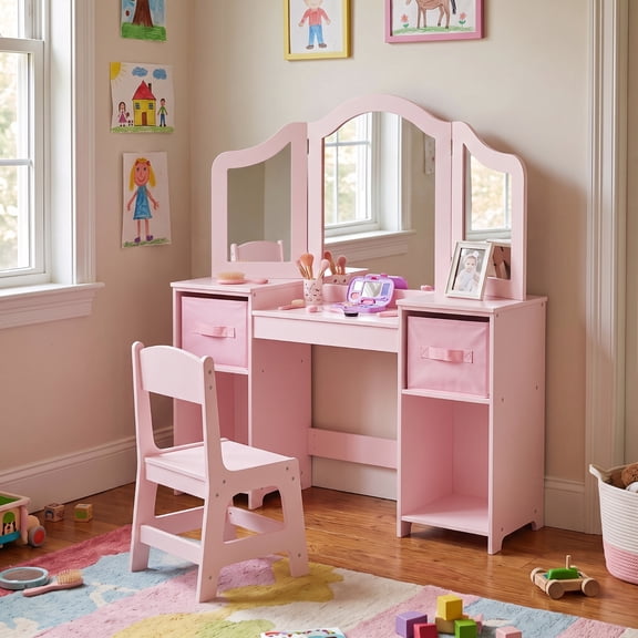 TLSUNNY Kids Wooden Vanity Set, Princess Makeup Table and Stool w/ Tri-fold Mirror, Storage Cabinet, Toddler Dressing Table for Little Girls