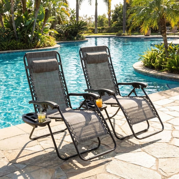 TLSUNNY Zero Gravity Chair Set of 2, Adjustable Back & Footrest Folding Recliners, with Cup Holder Tray for Patio, Yard, Pool