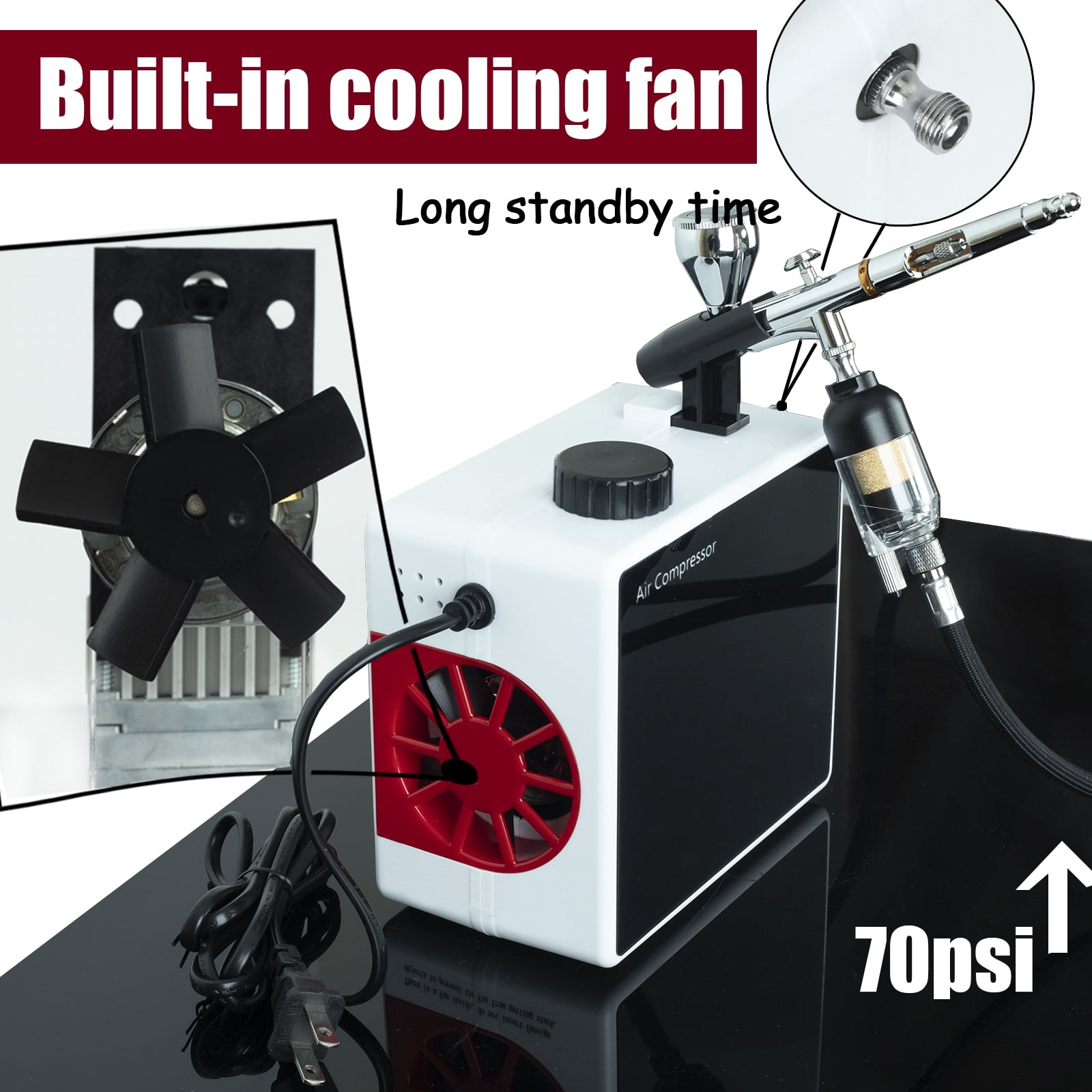 TM-60 Airbrush Compressor, Adjustable 0-70 PSI, Oil-Free with Moisture Filter for Painting & Nail Art
