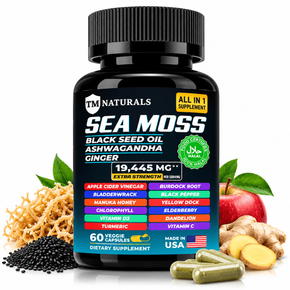 TM NATURALS Sea Moss Capsules with Black Seed, Ashwagandha, Turmeric, Burdock Root, Ginger, Vitamin C & D3, 60 Vegan Capsules
