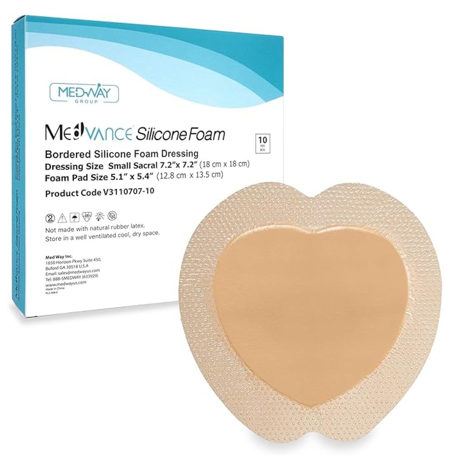 TM Silicone - Sacral Bordered Silicone Adhesive Foam Wound Dressing, Bed Sore Treatment Bandage for Sacrum, Size 7"x 7", Box of 10 dressings