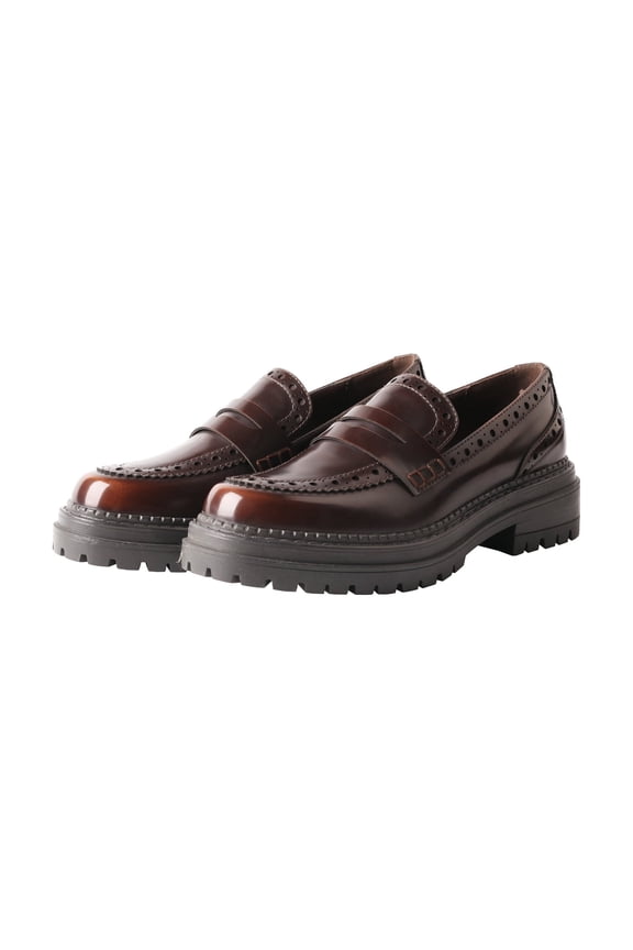 British Style Round Toe Chunky Platform Slip-On Loafers Women's Leather Shoes