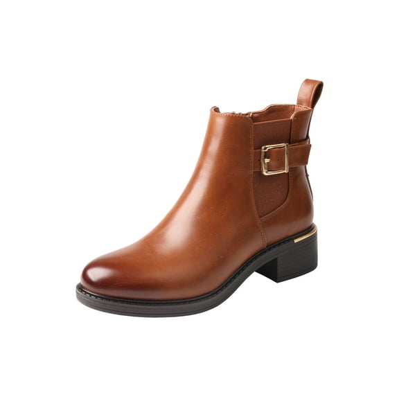 TMA EYES Brown Leather Ankle - Length Boots with Gold Buckle Decoration