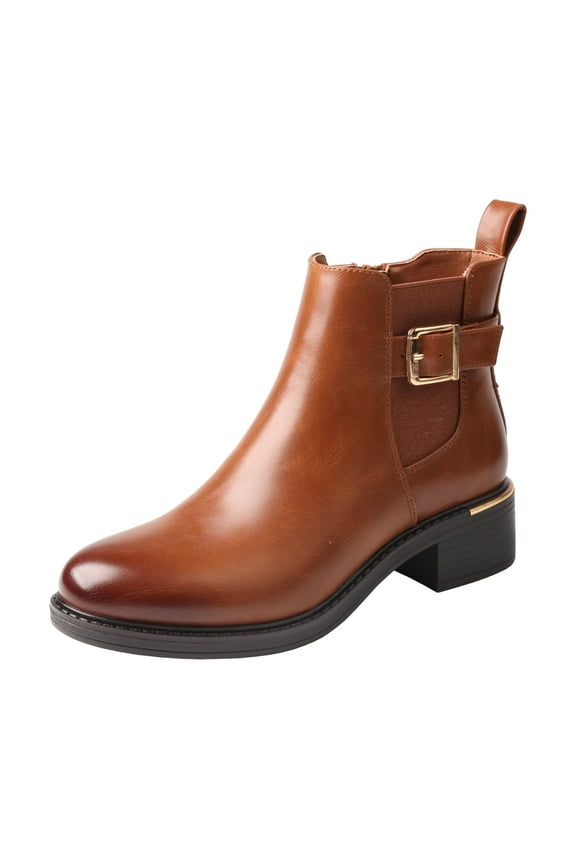 Brown Leather Ankle - Length Boots with Gold Buckle Decoration