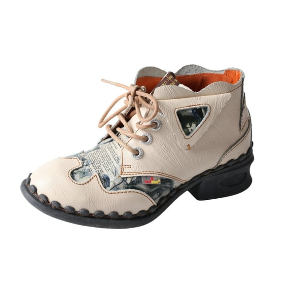 TMA EYES Leather Women's Ankle Boots Shoes for Outdoor,Medium Heel, Floral Newspaper Printed Leather Materia