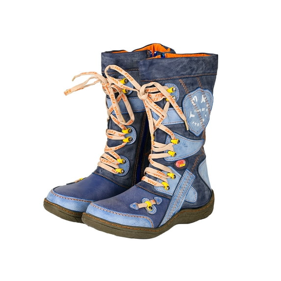 TMA EYES Patchwork Stitch-Detail PU Leather Mid-Calf Women's Boot