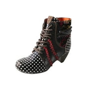 TMA EYES Polka Dot Leather Women Boots with Moccasin Hand Stitching