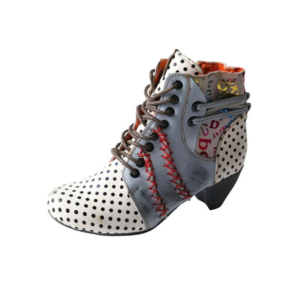 TMA EYES Polka Dot Leather Women Boots with Moccasin Hand Stitching