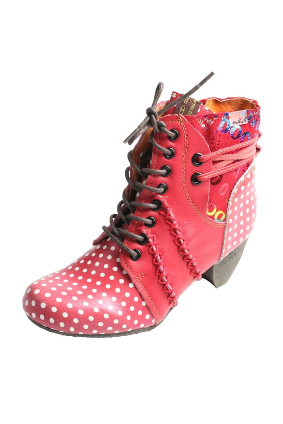 Polka Dot Leather Women Boots with Moccasin Hand Stitching