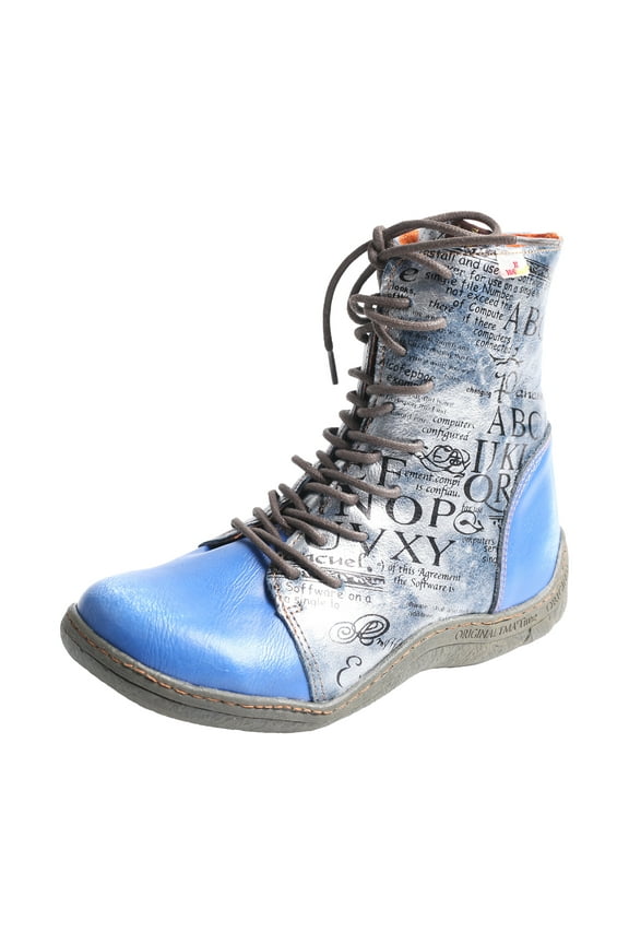 Women's Leather Ankle Boots Lace-Up Patchwork Letter Printing Leather Boots for Women