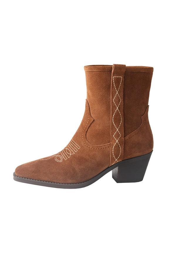 Women's Western Cowboy Boots Chunky Heel and Retro Embroidered Suede Mid-Calf Boots