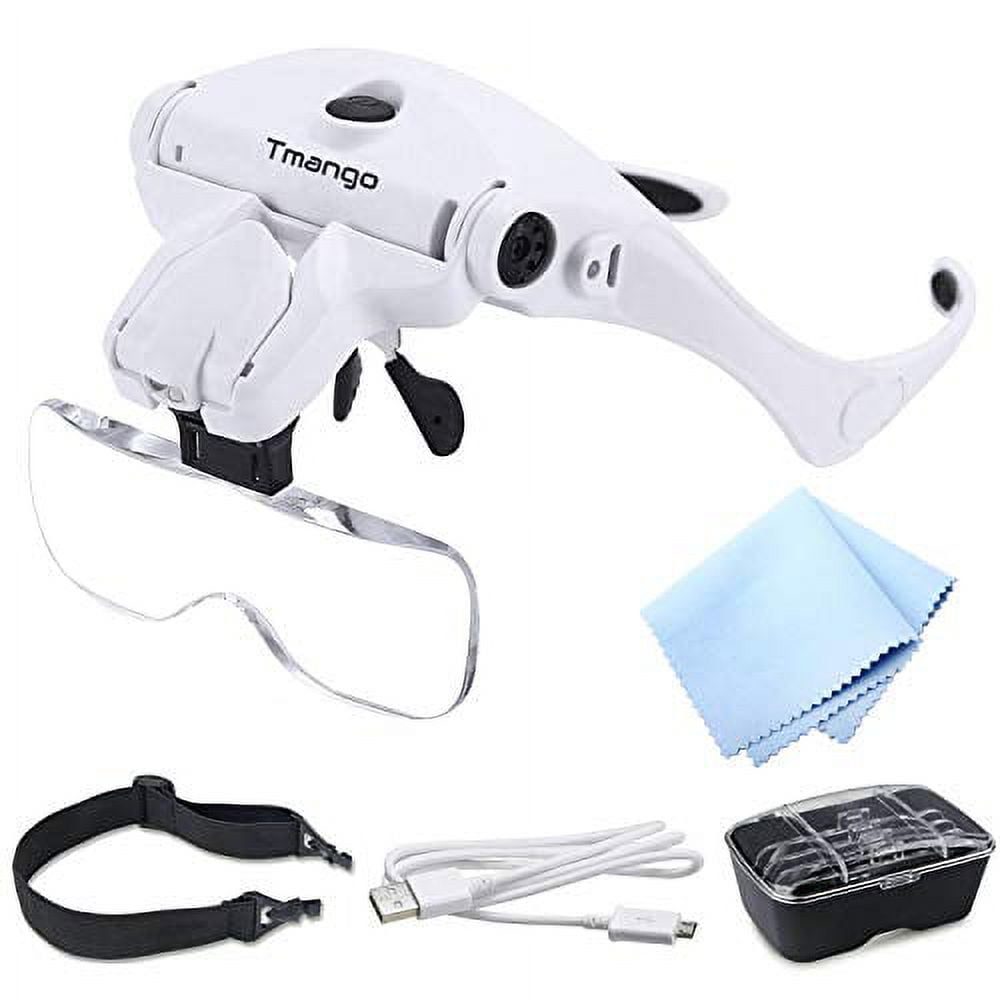 TMANGO Head Mount Magnifier with LED Lights, Rechargeable Headset  Magnifying Glasses for Close Up Work, Interchangeable Bracket and Headband  for Watch Repair, Jewelry, Arts & Crafts or Reading Aid 