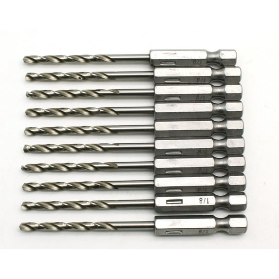TMAX 10 pc 1/8 inch M35 Cobalt Jobber Drill Bits for Stainless Steel & Hard Metals, with 1/4 Inch Hex Shank for Quick Chucks,3-1/4" total length,2" working length