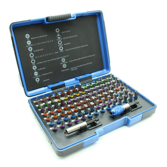 100 pc Color Coded Impact Ready Security Bits Screwdriver Set Kit with 2 Quick Chucks, Phillips, Torx, Slotted Flat, Pozi, Hex, Tri-Wing Pozi Clutch, Spline, Square, Spanner, TORQ-Set, Tamper