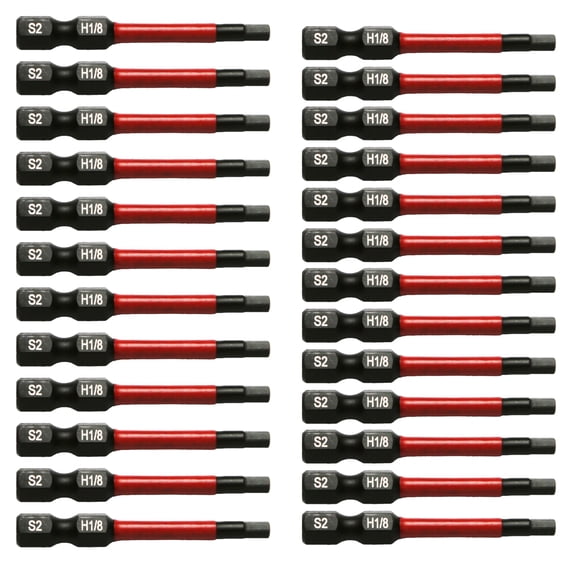 TMAX 25 Pc H1/8 H-1/8" Hex Head Allen Wrench Black High Torque Impact Screwdriver Insert Bits Set S2 Steel Torsion Resistant, 2" Long, 1/4" Hex Shank
