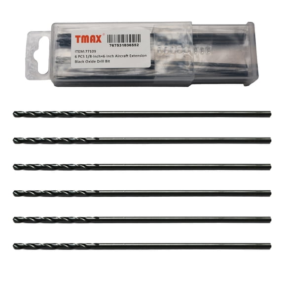 TMAX 6 PC 1/8 Inch x 6 Inch Aircraft Extension Black Oxide Drill Bit, Premium M2 High Speed Steel, Extra Length, for Metal, Plastic, Wood