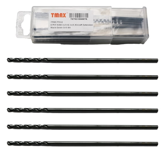TMAX 6 PCS 9/64-Inch×6-Inch Aircraft Extension Black Oxide Drill Bit, Premium M2 High Speed Steel, Extra Length, for Metal, Plastic, Wood