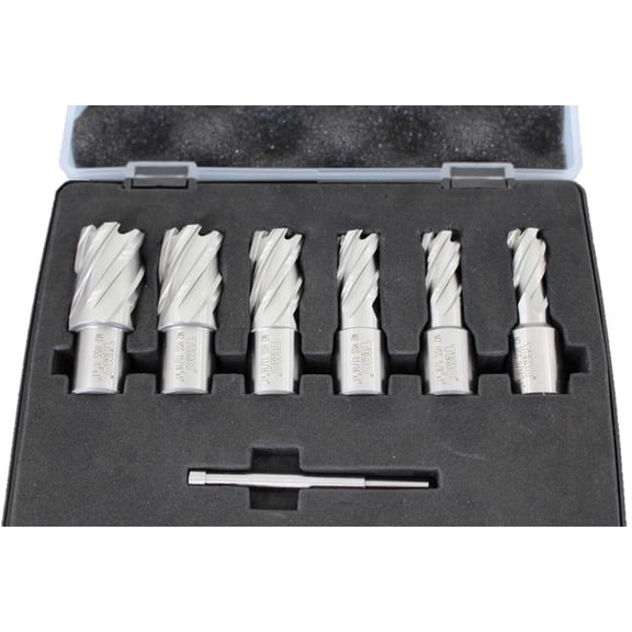 TMAX 6 pc 9/16 Inch to 1 Inch Annular Cutter Kit Set: 1 Inch Cutting Length, Weldon Shank, One Pilot Pin and Heavy Duty Case