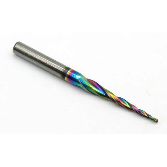 TMAX Rainbow Coated Carbide Milling Cutters 2 Flutes Engraving Ball Nose Up Cut CNC Router Bits 2D and 3D Carving Tapered Angle 3.6 Deg with 1/16 Inch Cutting Diameter
