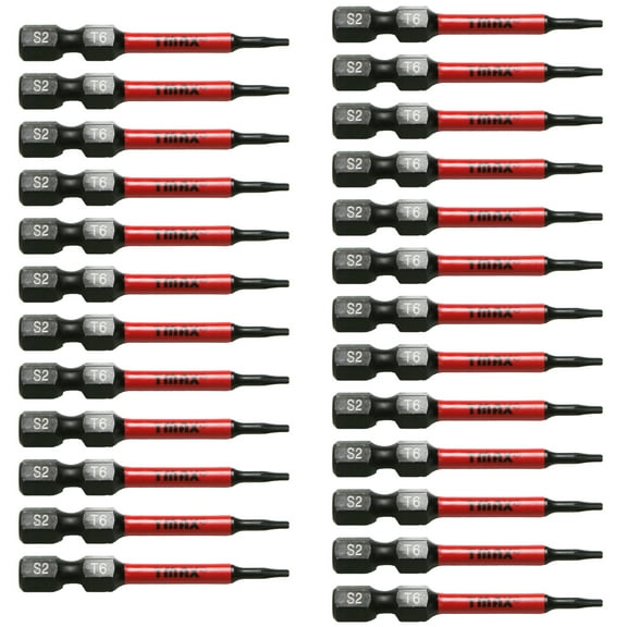 TMAX 25 pc T6 Torx Star 6 Point T-6 Black High Torque Impact Screwdriver Insert Bits Set S2 Steel Torsion Resistant, 2 Inch Long, 1/4 Inch Hex Shank with Quick Release Slot