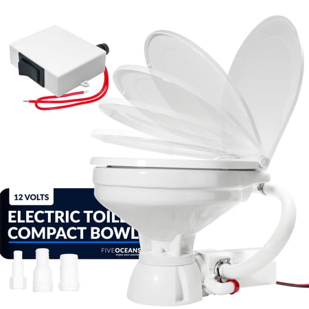 TMC Electric Marine Toilet, RV Toilet with Clamp-On Hose Connection, Boat Toilet, Compact Design Bowl, Heavy-Duty Macerator Pump, On-Off Flush Control Switch, Quiet Soft-Close Lid, 12V DC - FO720