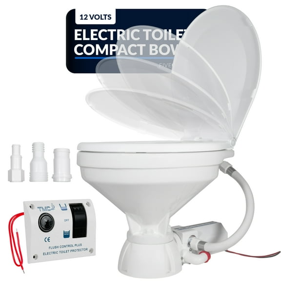 TMC Electric Marine Toilet, RV Toilet with Threaded-On Hose Connection, Boat Toilet, Compact Design Bowl, Heavy-Duty Macerator Pump, Smart Flush Control, Quiet Soft-Close Lid, 12V DC - FO4705