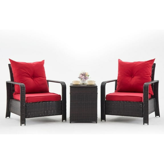 TMEE 3 PCS PE Rattan Patio Conversation Set with Storage Table and Tufted Cushions, Large Oversized Outdoor Sofa Chair Furniture for Garden, Poolside, Backyard, Balcony (Red Cushions)