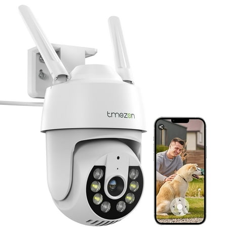 TMEZON 2K Security Camera Outdoor Wi-Fi Camera Surveillance Outdoor 360° View 3MP Camera with 2-Way Audio,Automatic Tracking,Color Night Vision,Siren Alarm,Works with Alexa