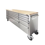 TMG Industrial 72" Stainless Steel Rolling Workbench, Rubberwood Tabletop, 15 Lockable Drawers, Locking Wheels, TMG-WB7215S