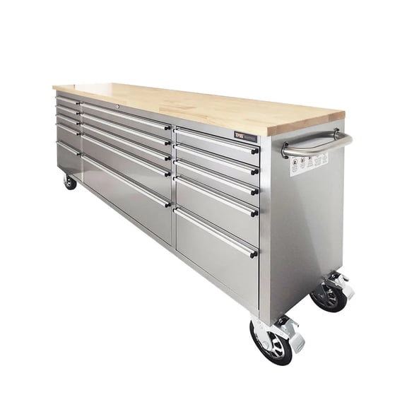 TMG Industrial 72" Stainless Steel Rolling Workbench, Rubberwood Tabletop, 15 Lockable Drawers, Locking Wheels, TMG-WB7215S