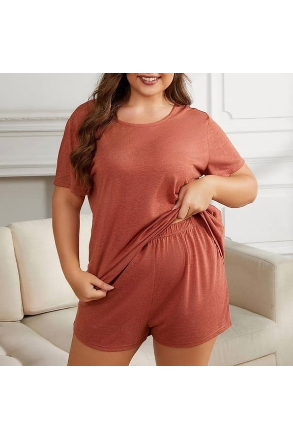 Plus Size Lounge Sets for Women 2 Piece Round Neck Short Sleepwear 3XL