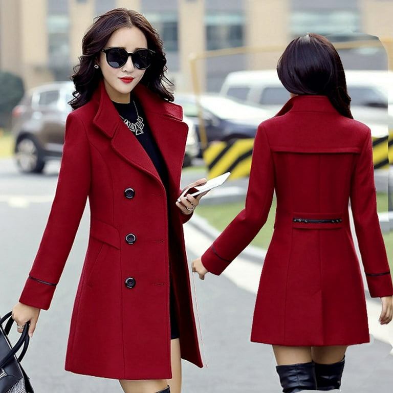 TMGONE Women Wool Double Breasted Coat Elegant Long Sleeve Work Office Fashion Jacket Red XXL Walmart