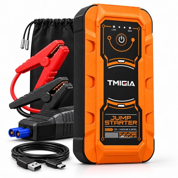 TMIGIA K29L Portable Lithium Car Jump Starter, 44.4Wh 12V Battery Booster Pack with USB-C Input, USB-A Output, LED Light and Smart Jumper Cable, Orange