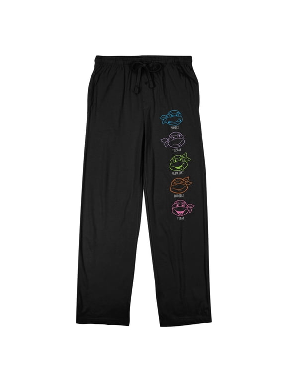 TMNT Classic Retro Cartoon Neon Character Heads Men's Black Sleep Pajama Pants-Small