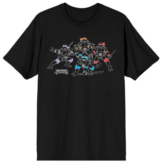 TMNT Classic Retro Cartoon Turtle Group Outline Color Pop Crew Neck Short Sleeve Men's Black T-shirt-XL