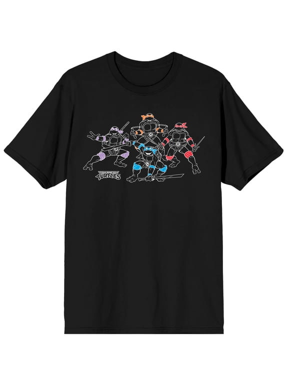 TMNT Classic Retro Cartoon Turtle Group Outline Color Pop Crew Neck Short Sleeve Men's Black T-shirt-XXL