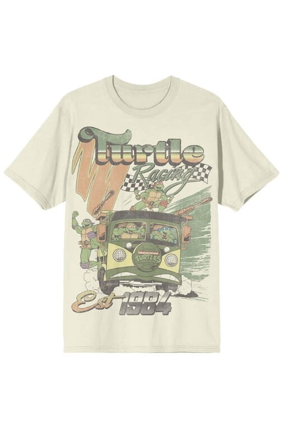 TMNT Classic Retro Cartoon Turtle Racing Men's Sand Crew Neck Short Sleeve T-shirt-Medium