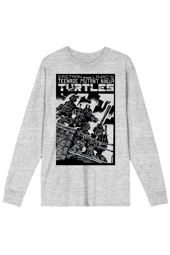 TMNT Comic Origins Crosshatched Art Crew Neck Long Sleeve Athletic Heather Adult Tee-Medium