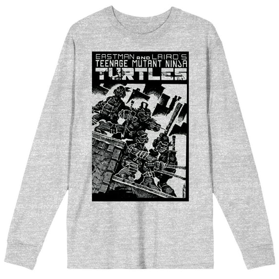 TMNT Comic Origins Crosshatched Art Crew Neck Long Sleeve Athletic Heather Adult Tee-XL
