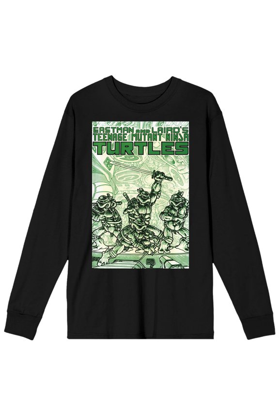 TMNT Comic Origins Green Comic Art Crew Neck Long Sleeve Black Adult Tee-Medium