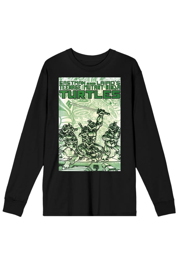 TMNT Comic Origins Green Comic Art Crew Neck Long Sleeve Black Adult Tee-XL