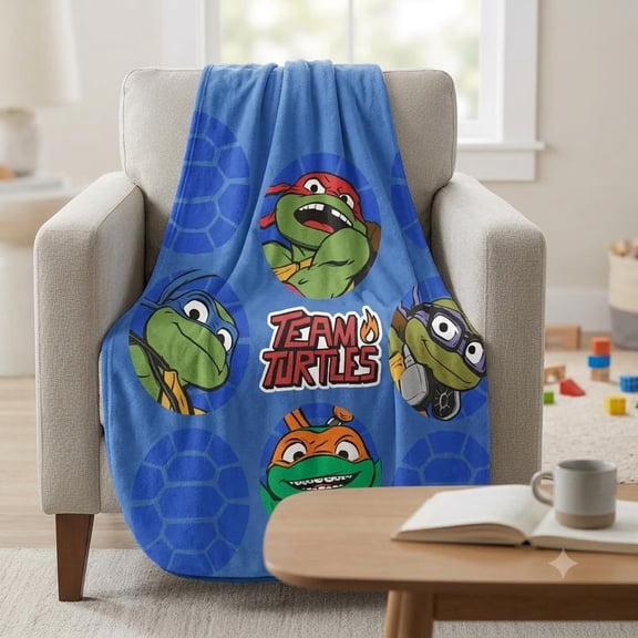 TMNT Flannel Blanket, Teenage Mutant Ninja Turtles Head Print Throw for Kids, Blue, 50x40 inch