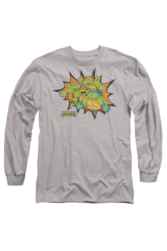 TMNT Funny Face Turtles Unisex Adult Long-Sleeve T Shirt (Small) Athletic Heather