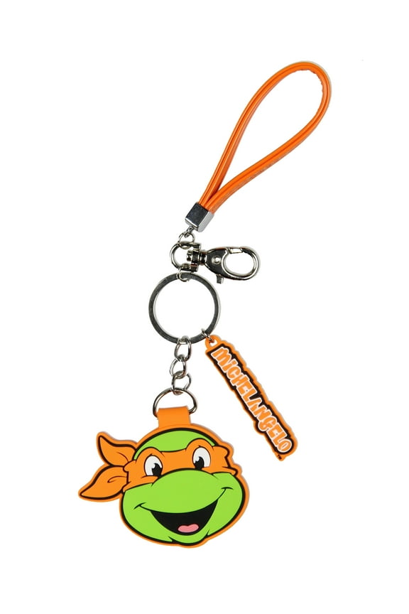 TMNT Michelangelo Rubber Character Design Air Tag Holder Keychain Wristlet with Lobster Clasp and 2"Rubber Michelangelo Pendant
