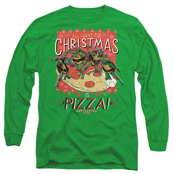 TMNT: Mutant Mayhem All I Want For Christmas Is Pizza Unisex Adult Long-Sleeve T Shirt, Kelly Green, Small