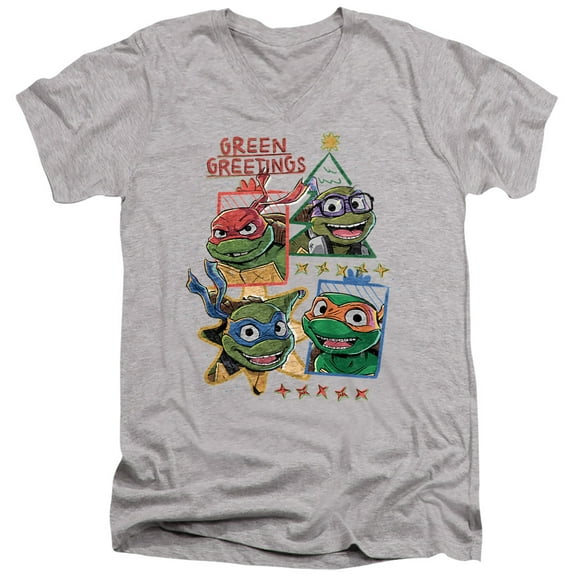 TMNT: Mutant Mayhem Christmas Green Greetings Unisex Adult V-Neck T Shirt (Large) Athletic Heather