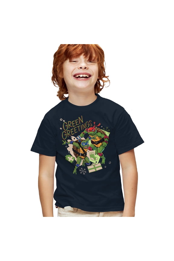 TMNT: Mutant Mayhem Christmas Greetings Leonardo Raphael Kids T Shirt for Youth Boys and Girls, Navy, Small